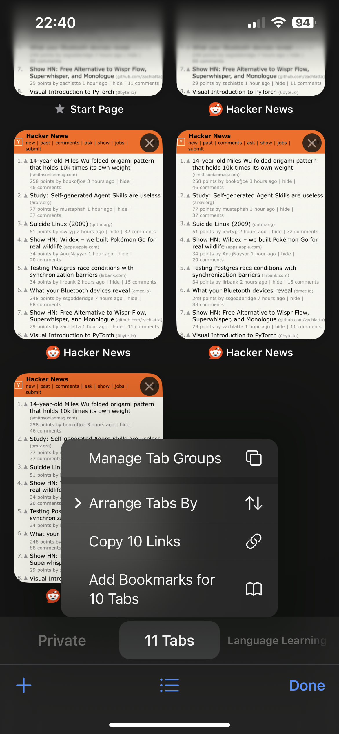 long hold on open tabs