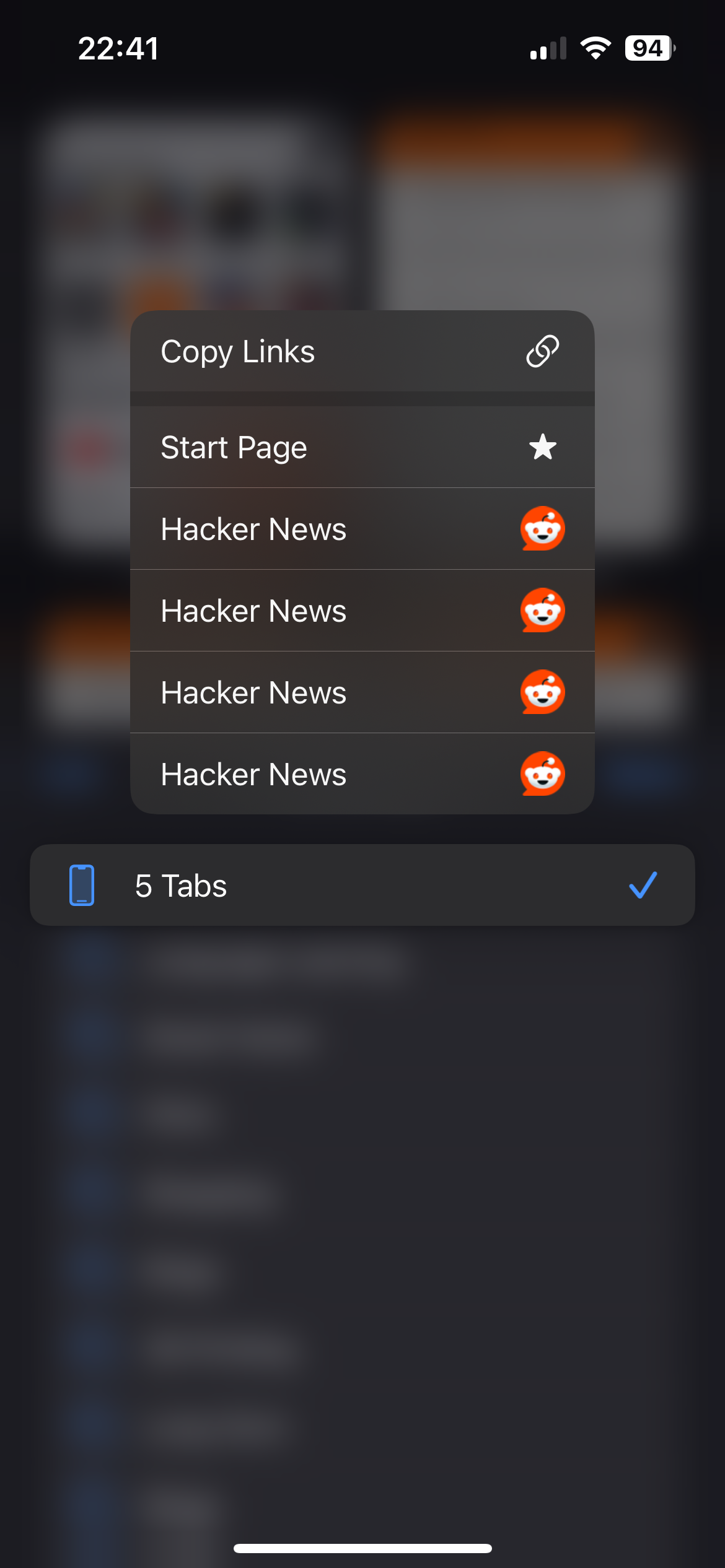 long hold from tab groups item