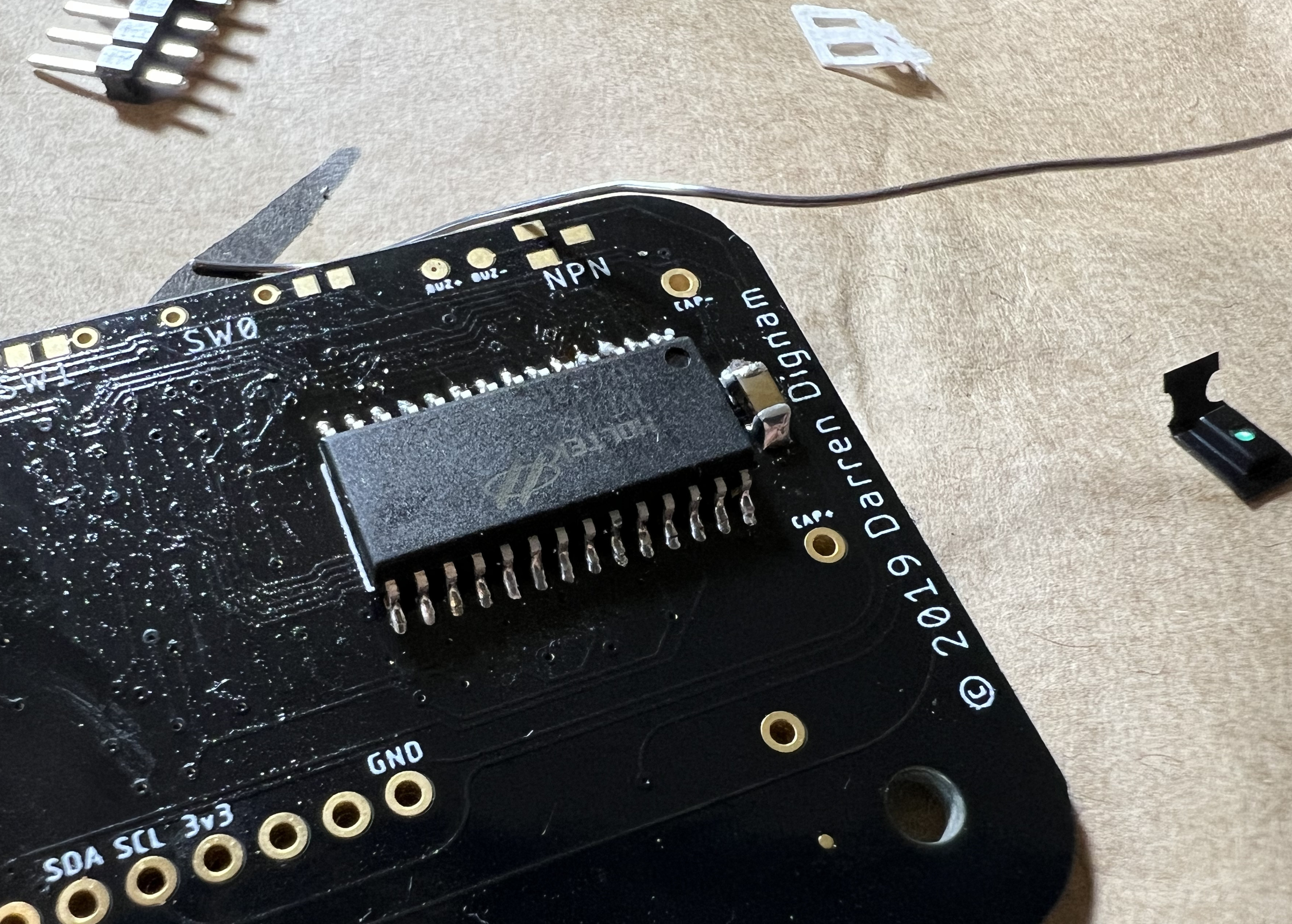 The back of a the tickertape PCB