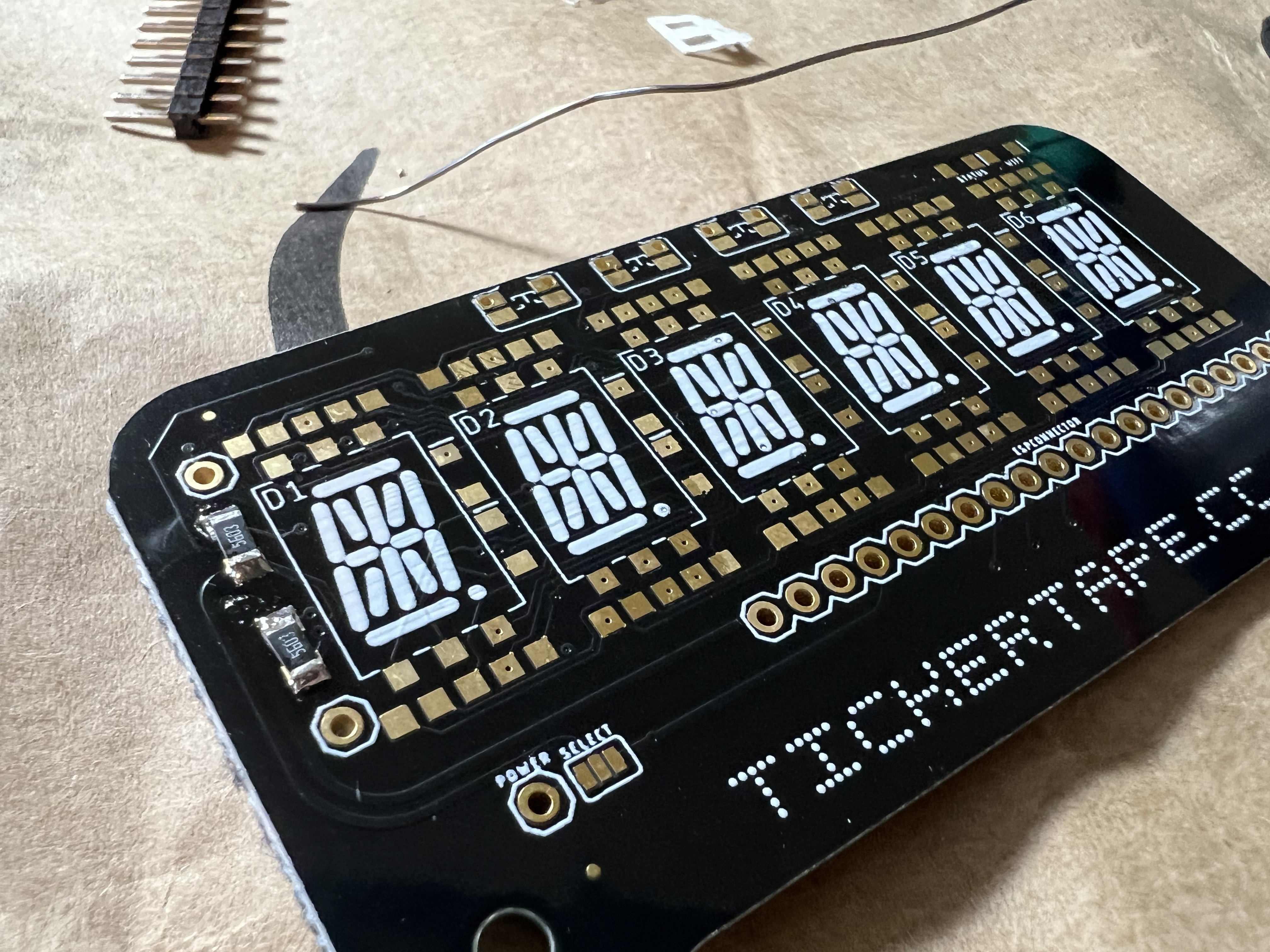 The front of a the tickertape PCB with missing diodes silkscreen